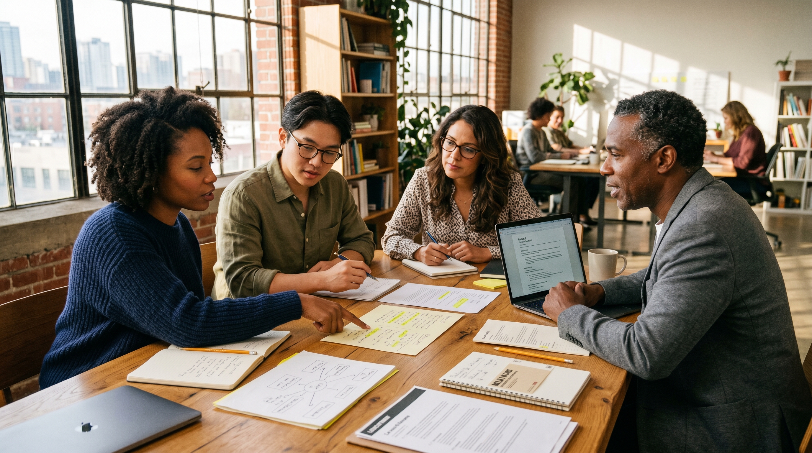 Team collaborating with papers and notebooks