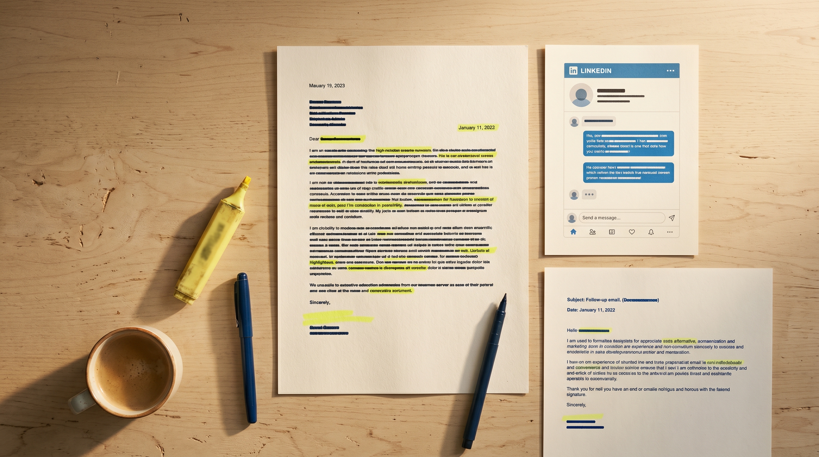 Three application pieces laid out: cover letter, LinkedIn mockup, follow-up email