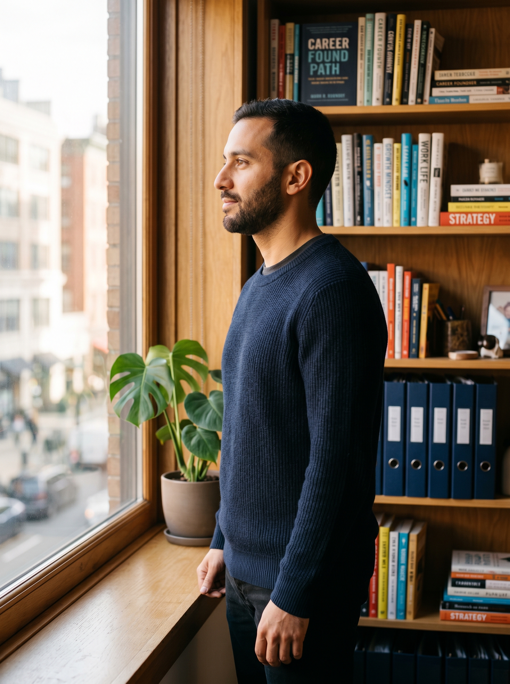 Founder at work in a warm, creative workspace
